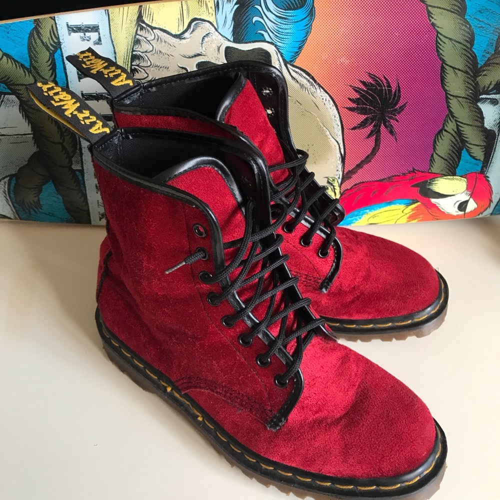 Dr. Martens Red  Velvet Lace-Up Boots